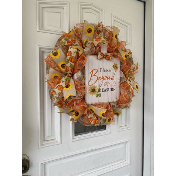 Blessed Beyond Measure Fall Wreath – 24” Sunflower & Pumpkin Thanksgiving Decor - Picture 5 of 7